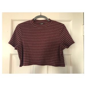 Wild Fable Maroon Cropped Striped Mock-neck Tee